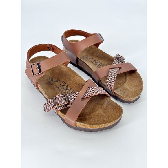 Birki’s Birkenstock Sandals Lillie Brown Plaid Ankle Strap Women Size EU 38 US 7 - Picture 1 of 10